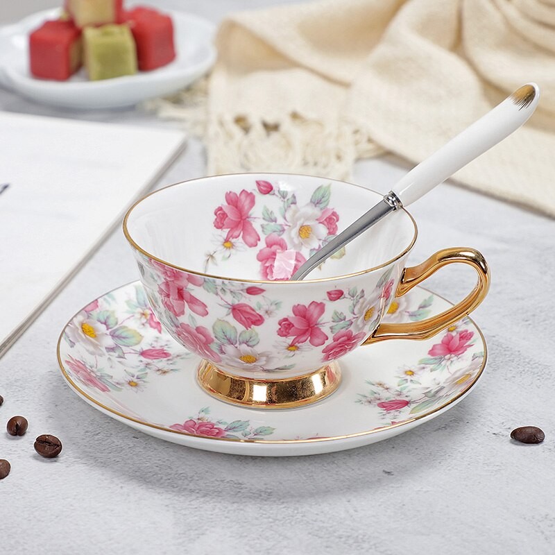 Floral Pattern Porcelain Tea Cup, Saucer and Spoon